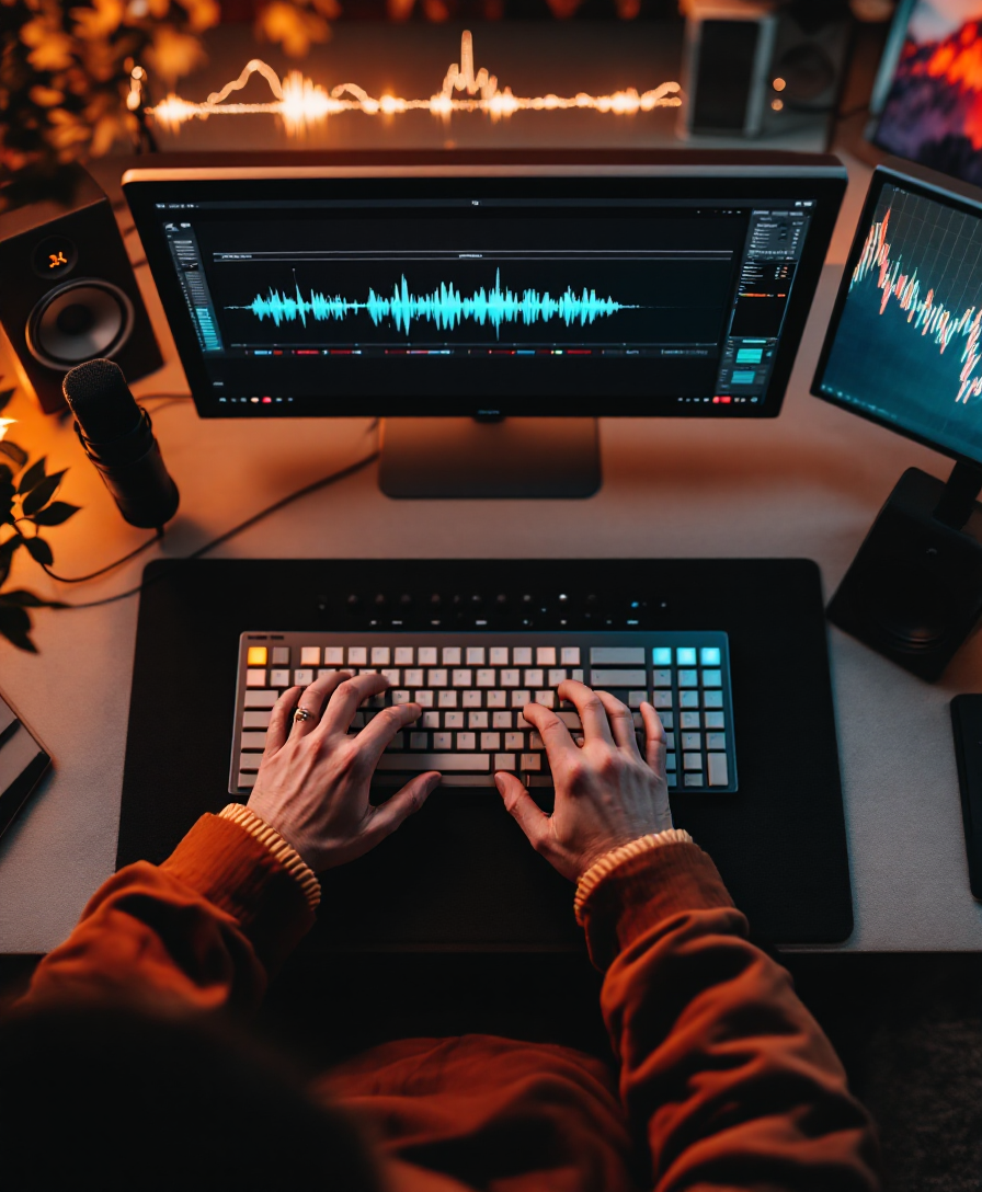 An editor working at a Hearvana studio desk with monitors and a waveform on screen