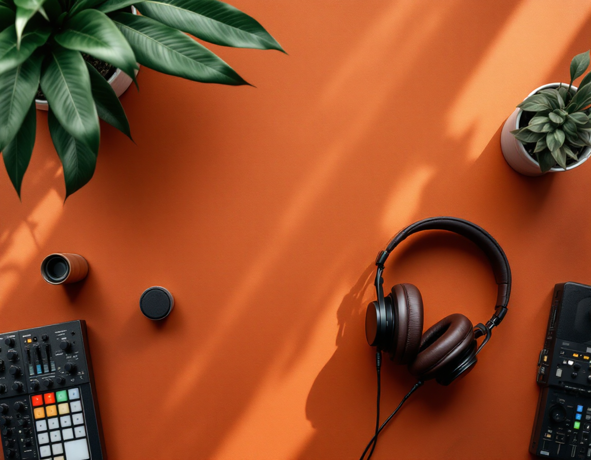 Overhead flat-lay of microphone, headphones and audio interface on a clay surface