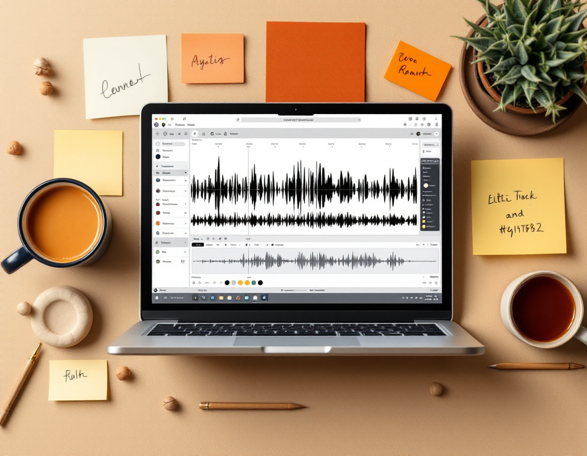 Overhead view of a multitrack editing session on a laptop