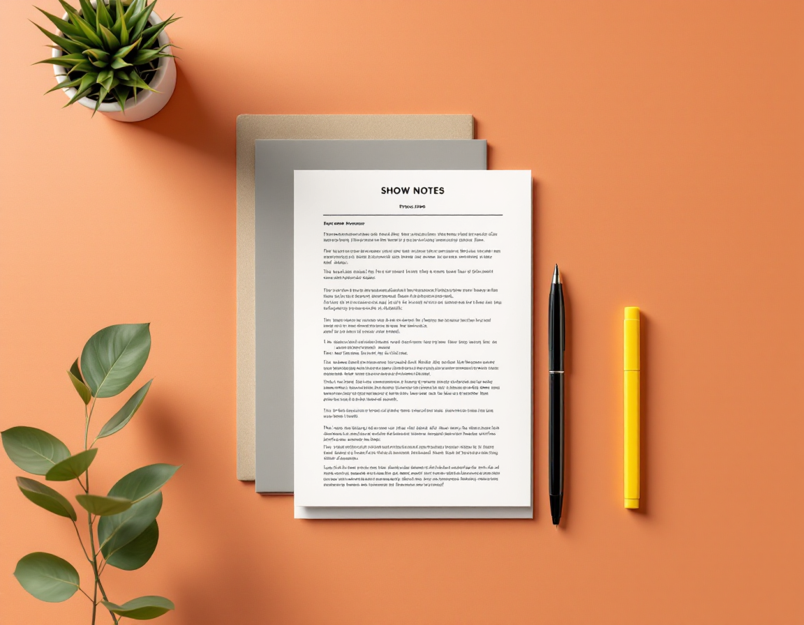 Printed show notes and transcripts laid out on a desk