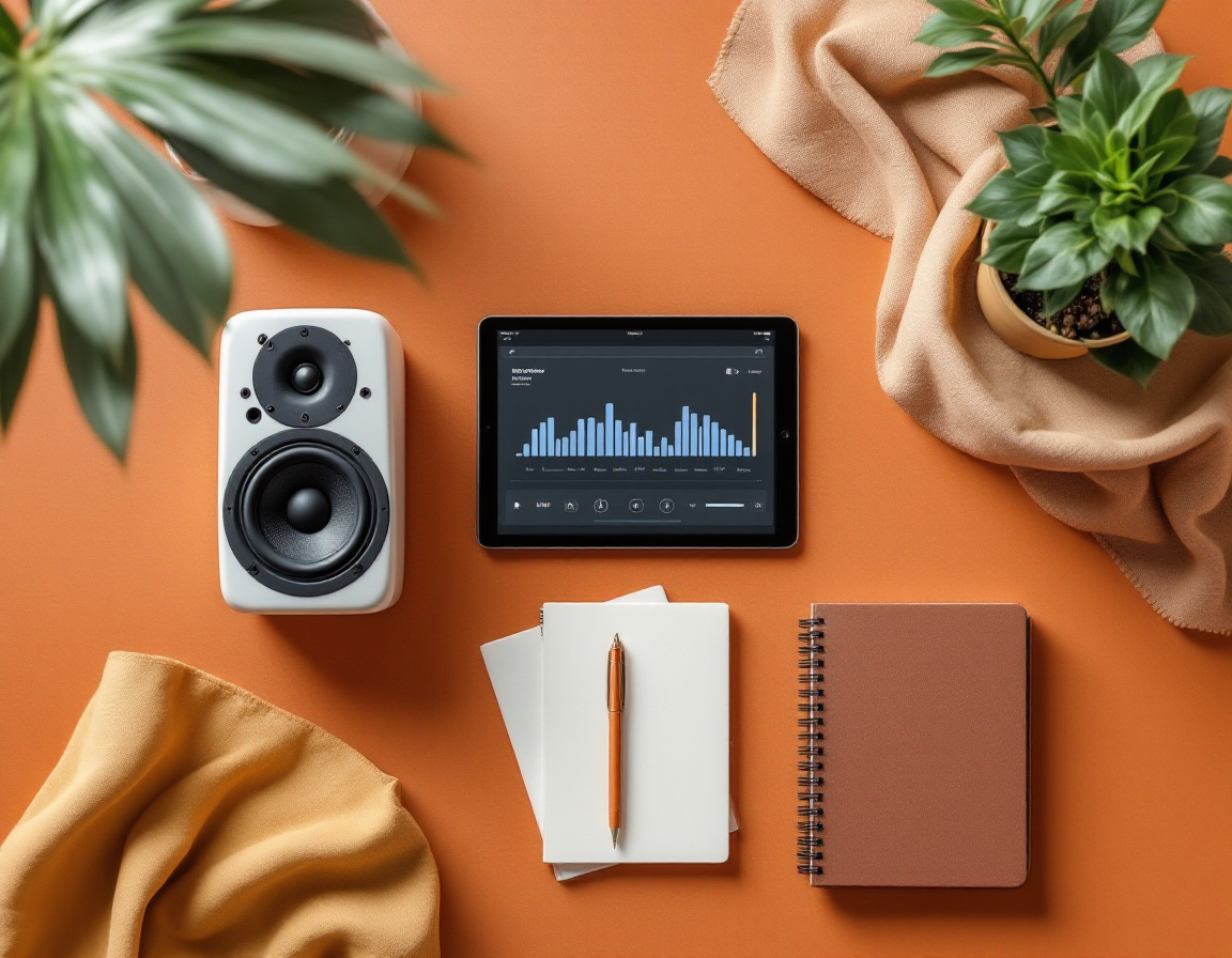 Studio monitors and a mastering levels display seen from above