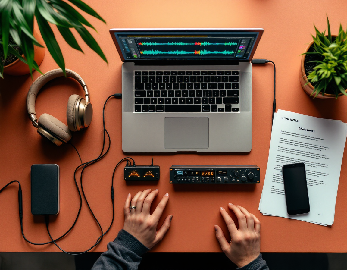 An editing workstation showing a multitrack session, headphones and printed show notes on a warm desk